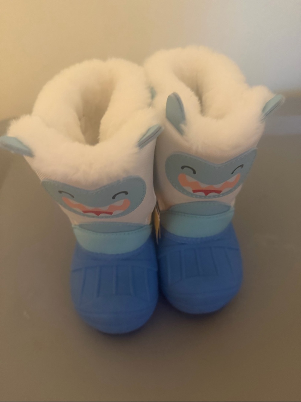 Kids Blue & White Fuzzy Winter Boots with Shark Face